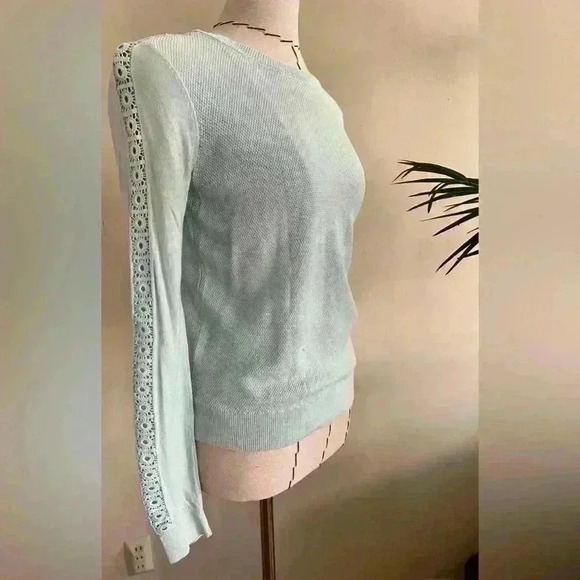 LOFT Mint Knit Pullover Sweater with Crochet Sleeves | Size XS - Picture 3 of 14